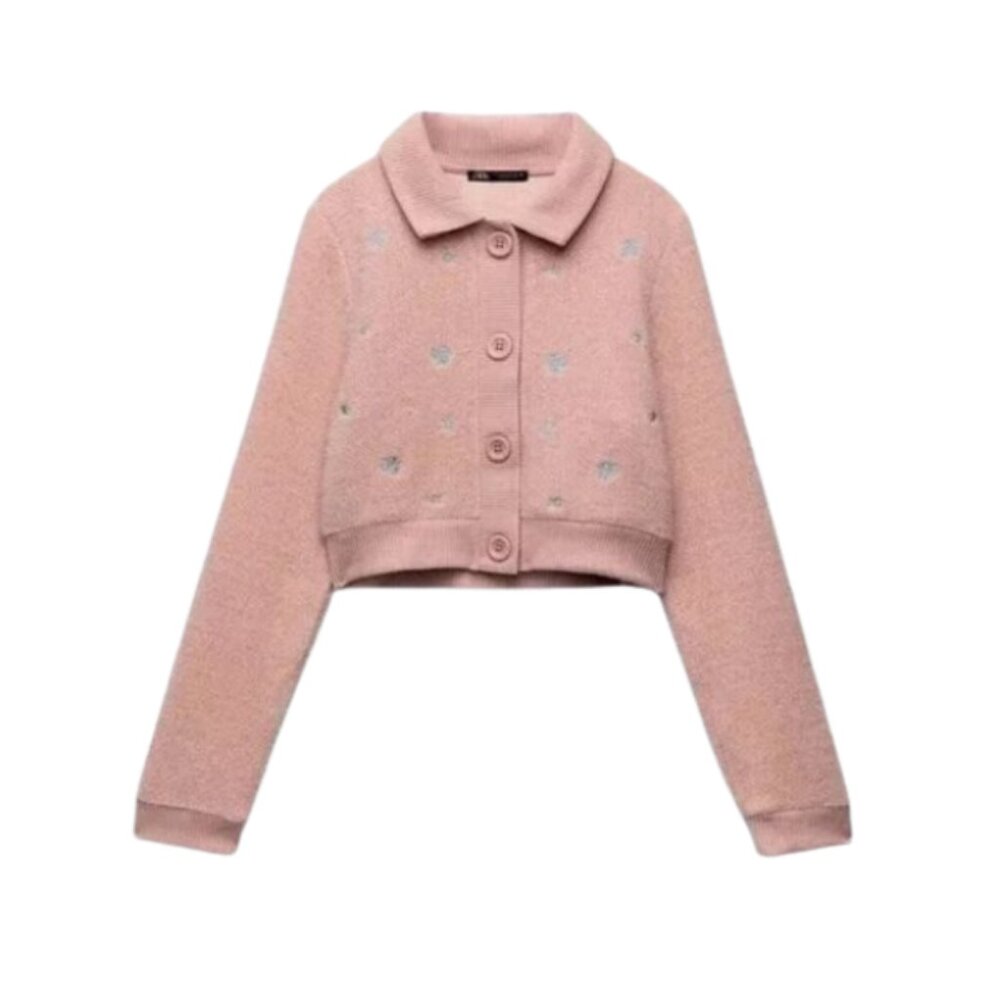 Zara Women Pink Embroidered Cropped Cardigan Button Up Knit Sweater Trendy
